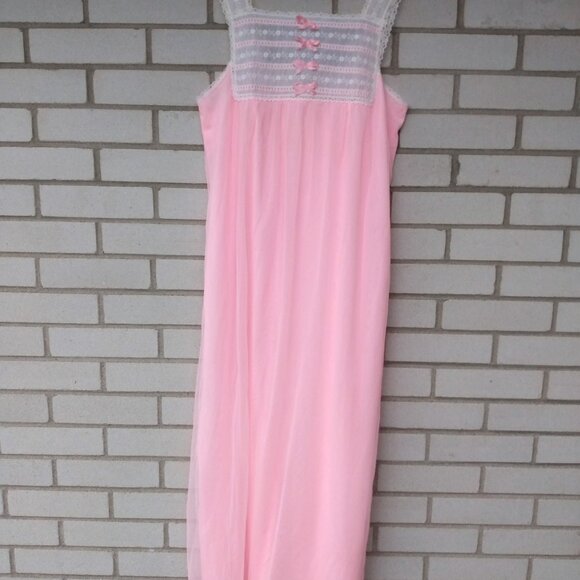 Vintage Pink Nylon Chiffon Nightgown Long Nightie 36"B Small Slumber Suzy Sheer - Picture 2 of 9